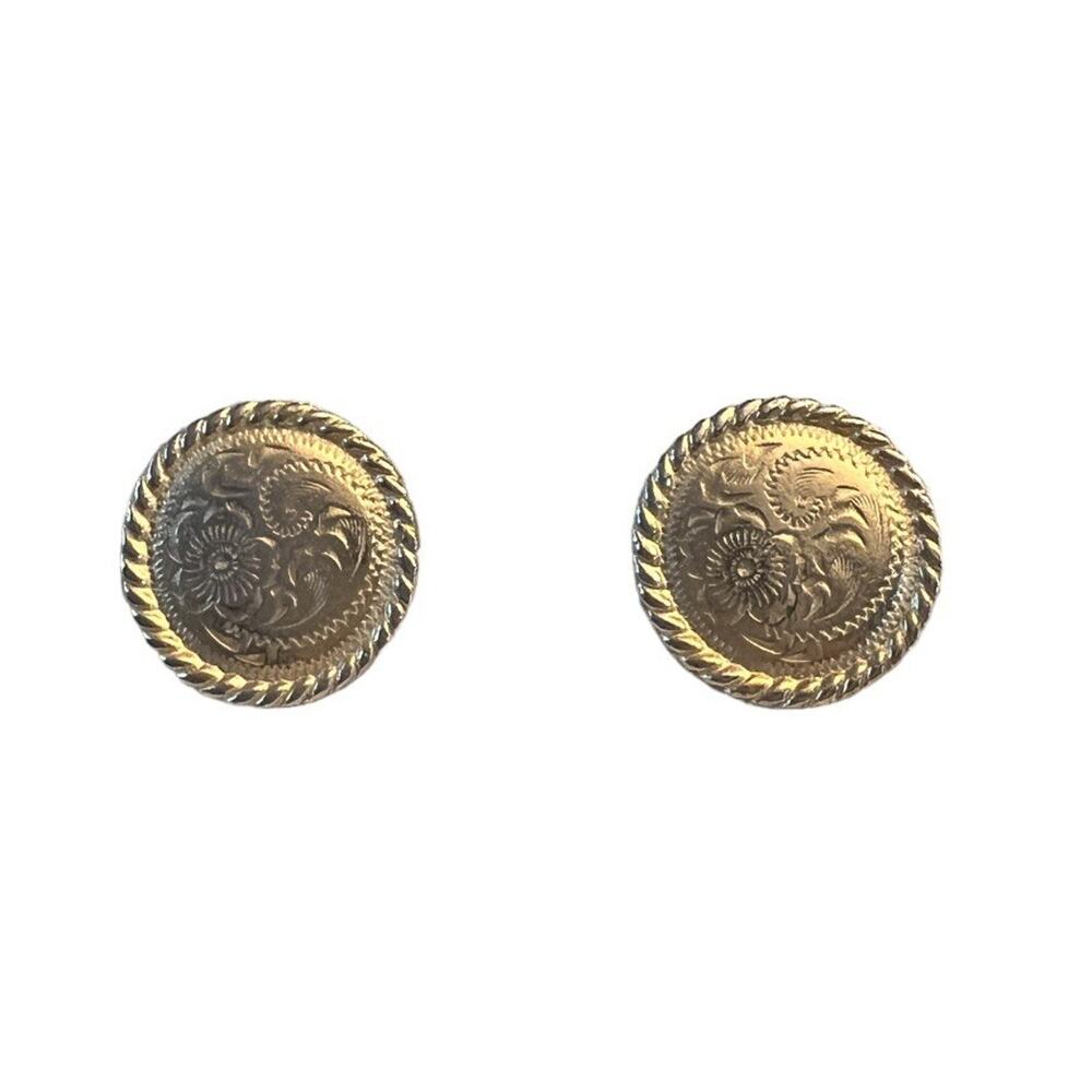 Vtg Earrings Gold Tone Round Coin Rope Accent Floral Scroll Design Post